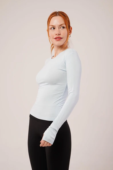 Uzun Kollu Basic Bebe Mavisi Bluz - Resim 3