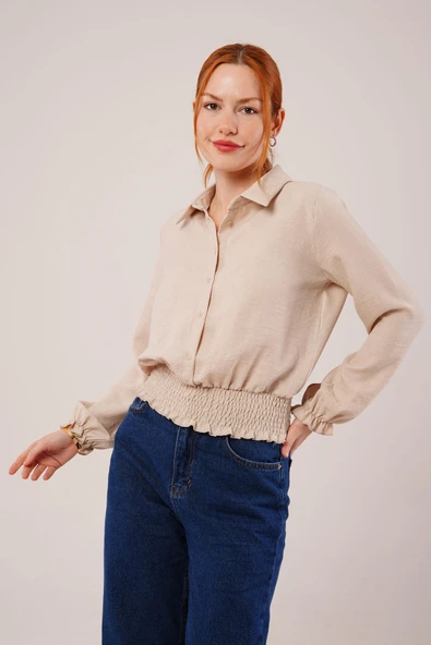 Bel Ve Bilek Lastikli Bej Bluz ürün görseli