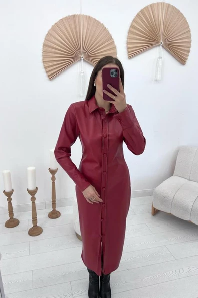 Kırmızı Boydan Düğmeli Deri Elbise - Resim 2