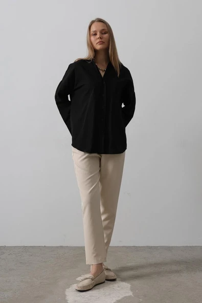 Geniş Manşet Detaylı Gömlek - Siyah - Resim 2