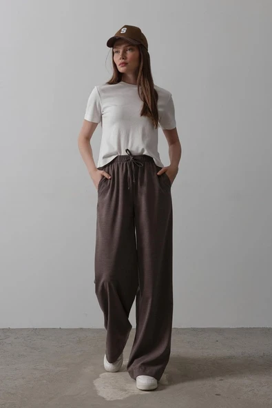 Beli Lastikli Bol Paça Pantolon - Kahve - Resim 3