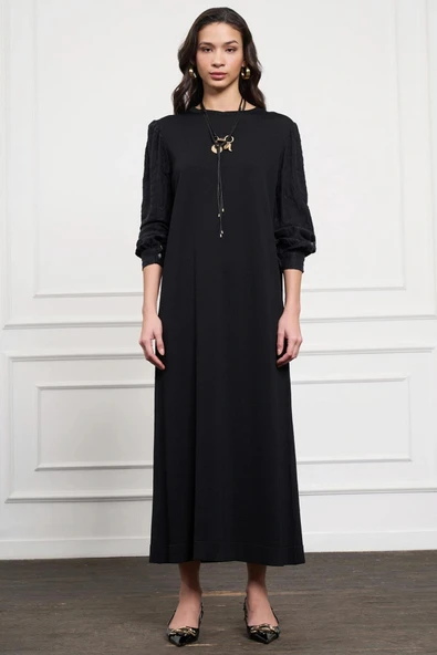 Nuss triko kollari cupra ipek elbise siyah 2062 - Resim 2