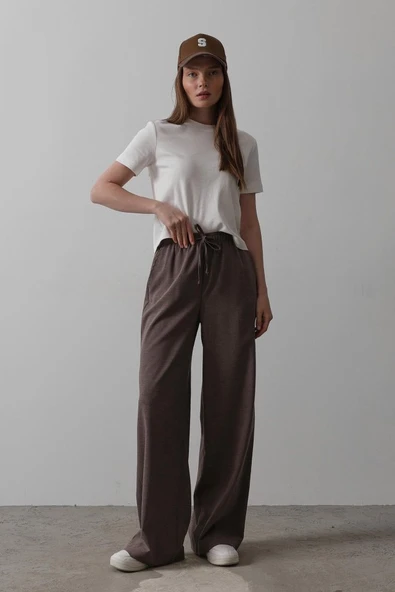 Beli Lastikli Bol Paça Pantolon - Kahve - Resim 4