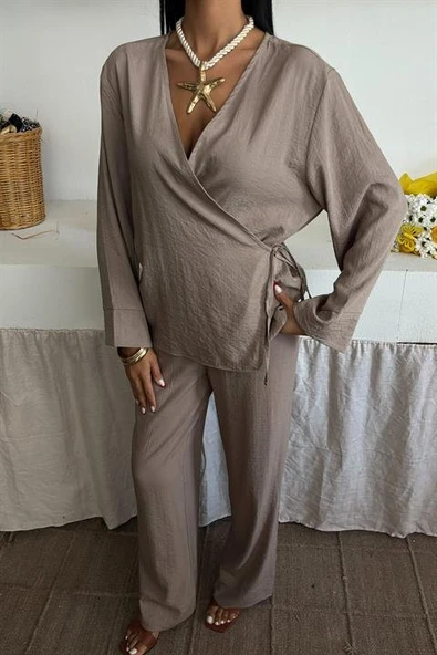 Kruvaze Model Klasik Pantolonlu Çupra Keten Takım 10191 - Resim 8