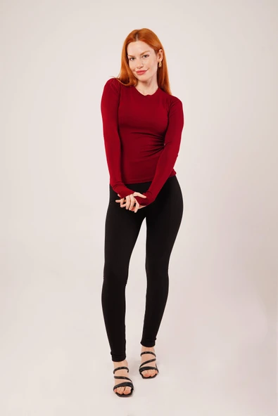 Uzun Kollu Basic Bordo Bluz - Resim 3