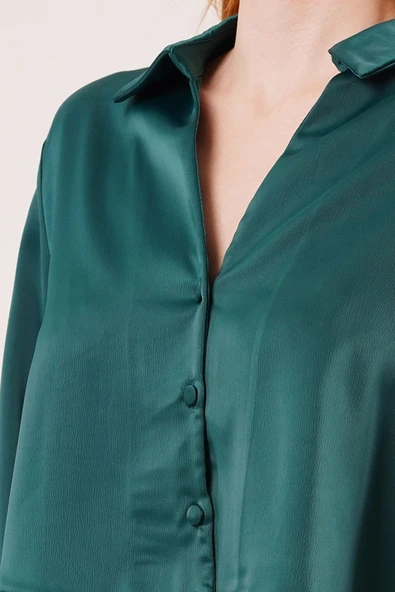 Saten Crop Model Yeşil Gömlek - Resim 3