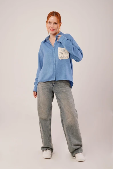 Etnik Cep Detaylı Mavi Gömlek - Resim 2