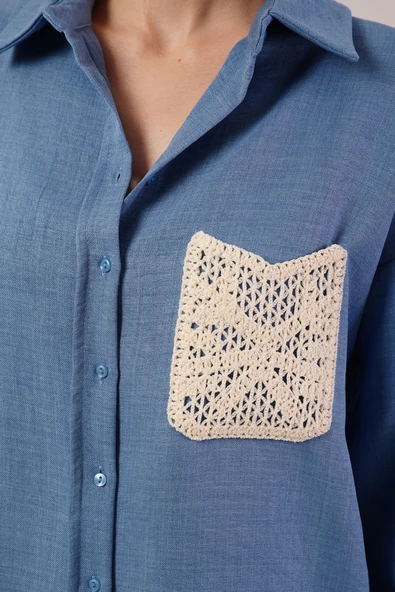 Etnik Cep Detaylı Mavi Gömlek - Resim 3