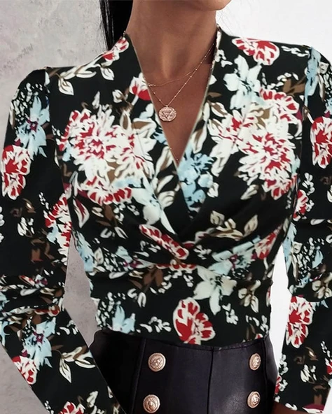 Kadın Uzun Kollu Kruvaze Yakalı Kelebek Desenli şardonlu Dalgıç Bluz - Resim 3