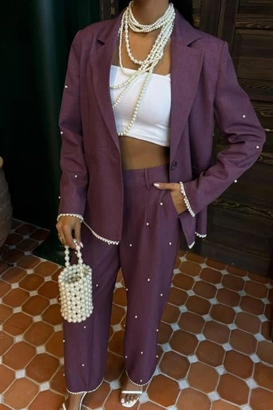 İnci Detaylı Ceket Pantolon Keten Takım 10124 - Resim 7