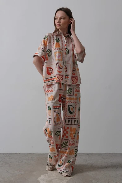 Baskılı Kısa Kol Pantolon Takım - Taş-Oranj - Resim 4