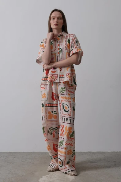 Baskılı Kısa Kol Pantolon Takım - Taş-Oranj - Resim 2