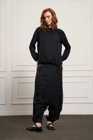 MİSSWHENCE Keten Şalvar Takım 37002 SİYAH - Resim 5