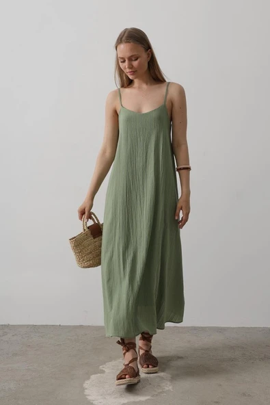 Askılı Uzun Çan Elbise - Haki - Resim 3