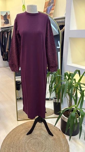 Nuss triko kollari cupra ipek elbise bordo 2062 - Resim 3