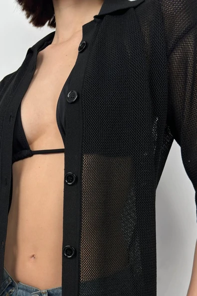 Polo Yaka Fileli Bluz - Resim 4