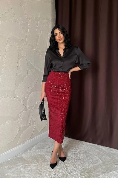 Bordo Pulpayetli Parlak Etek - Resim 2