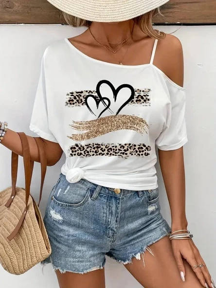 Kadın Tek Omuzu Açık Ip Askılı Baskılı Viskon Bluz - Resim 3