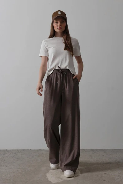 Beli Lastikli Bol Paça Pantolon - Kahve - Resim 2