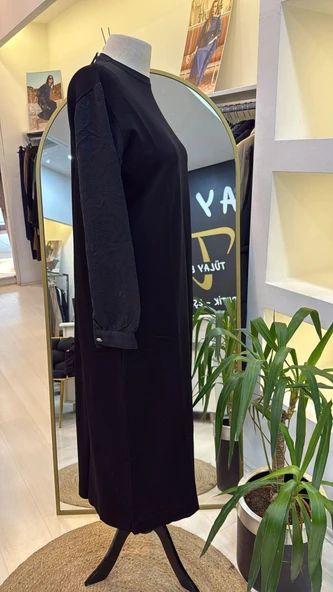 Nuss triko kollari cupra ipek elbise siyah 2062 - Resim 6