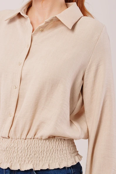 Bel Ve Bilek Lastikli Bej Bluz - Resim 3