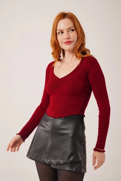 Geniş Yaka Bordo Basic Body Bluz - Resim 4