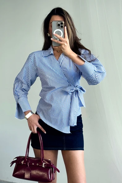 ÇİZGİLİ POPLİN KRUVAZE BAĞLAMALI GÖMLEK - Mavi - Resim 4