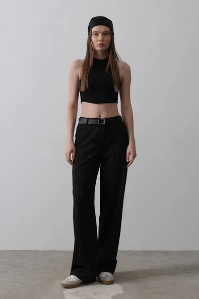 Kemerli Palazzo Pantolon - Siyah-Beyaz - Resim 2