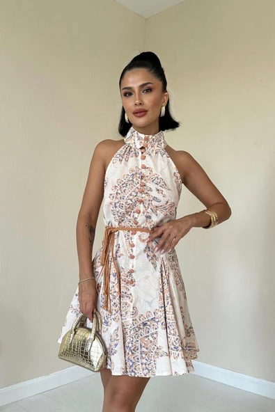 Ekru Halter Yaka Elbise - Resim 3