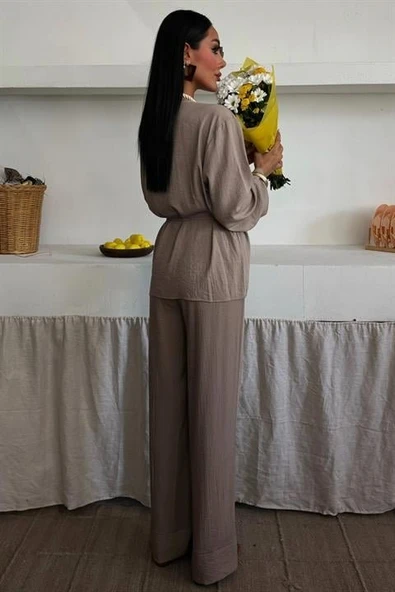 Kruvaze Model Klasik Pantolonlu Çupra Keten Takım 10191 - Resim 6