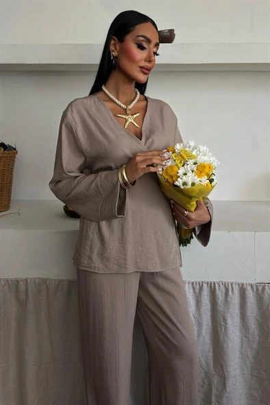 Kruvaze Model Klasik Pantolonlu Çupra Keten Takım 10191 - Resim 3