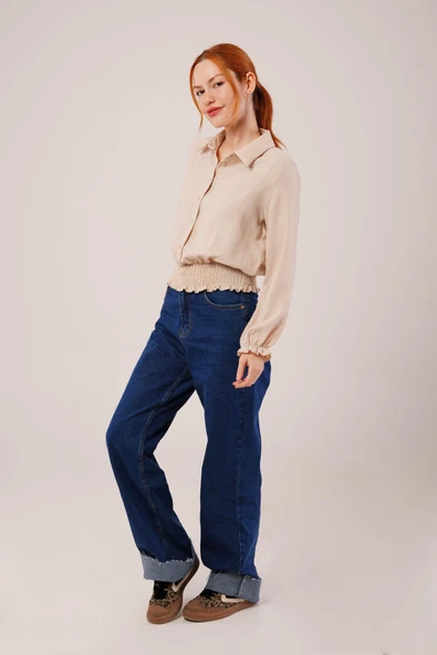 Bel Ve Bilek Lastikli Bej Bluz - Resim 4