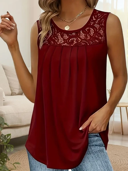 Kadın Askılı Yuvarlak Yaka Dantel Detaylı Viskon Bluz - Resim 2