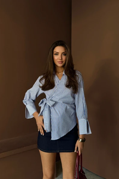 ÇİZGİLİ POPLİN KRUVAZE BAĞLAMALI GÖMLEK - Mavi - Resim 3