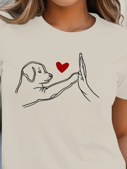 Kadın Kısa Kollu Bisiklet Yaka Köpek Baskılı Viskon Bluz - Resim 2