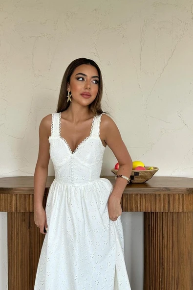 Ekru Dantel Detaylı Askılı Elbise - Resim 3