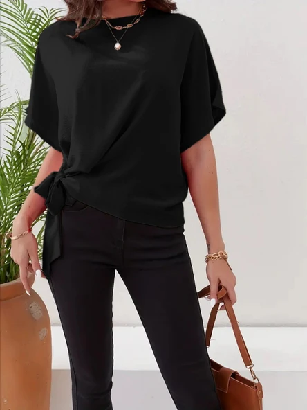 Kadın Kısa Kollu Bisiklet Yaka Yandan Bağlamalı Aerobin Bluz - Resim 4