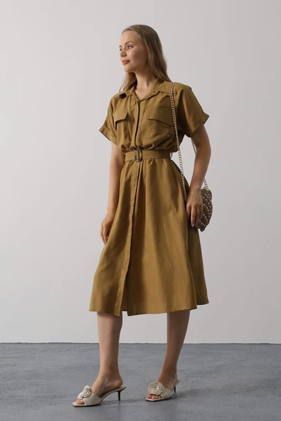 Kuşaklı Cep Detaylı Yarım Kol Elbise - Yağ Yeşili - Resim 3