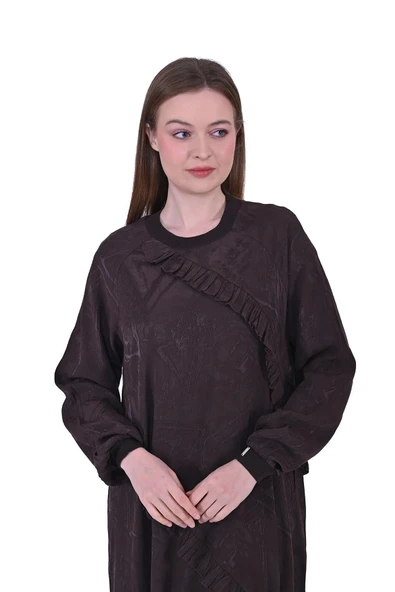 İNVEE MODAL ELBİSE FİRFİR DETAYLİ 7024 HAHVE - Resim 3