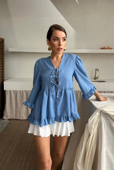 KETEN BLUZ ÖNDEN BAĞLAMALI FIRFIR DETAYLI - Mavi - Resim 3