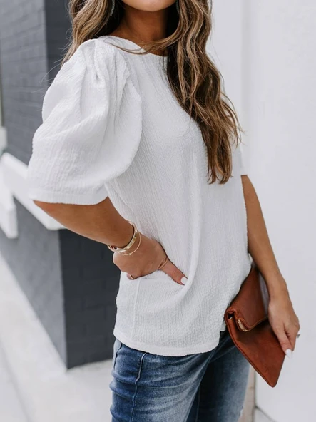 Kadın Kısa Kollu Pileli Balın Kol Bürümcük Bluz - Resim 2