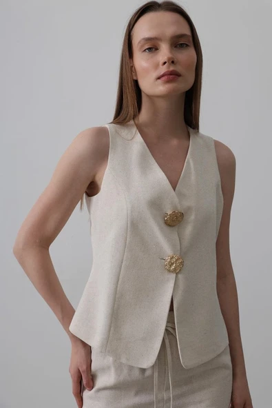 Düğme Detaylı Yelek - Krem ürün görseli