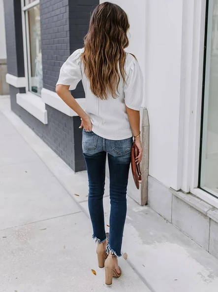 Kadın Kısa Kollu Pileli Balın Kol Bürümcük Bluz - Resim 3