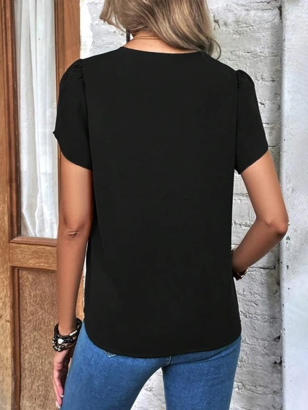 Kadın Kısa Kollu Lazer V Yakalı Ithal Krep Bluz - Resim 5