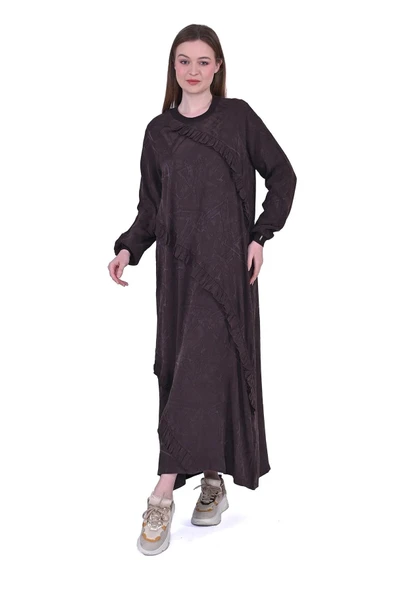 İNVEE MODAL ELBİSE FİRFİR DETAYLİ 7024 HAHVE ürün görseli