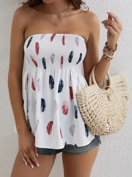 Kadın Yaprak Desenli Göğsü Gipeli Mosskrep Straplez Bluz - Resim 3