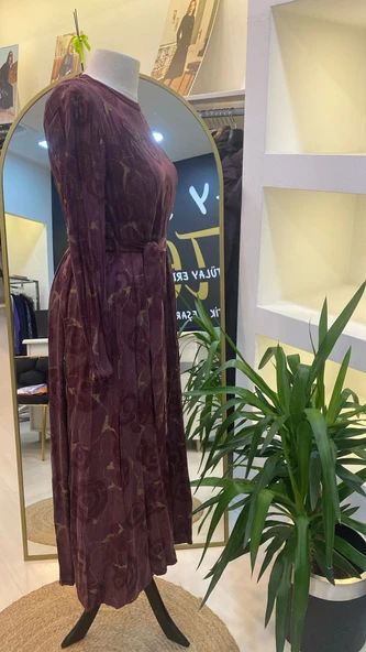 misswhence Fermuarlı Jakarlı Cupro Elbise 36802 bordo - Resim 3