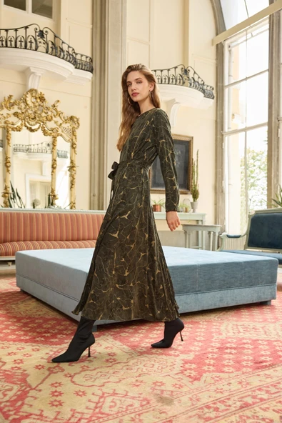 misswhence Fermuarlı Jakarlı Cupro Elbise 36802 bordo - Resim 6