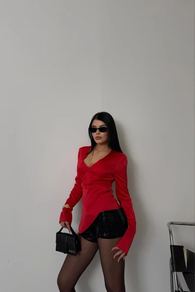 SATEN ANVELOP BLUZ MANŞET KOL - Kırmızı - Resim 3