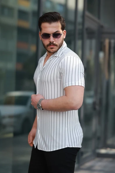 Erkek Kısa Kollu Gri çizgi Desenli örme Kumaş Pamuklu Gömlek - Resim 2